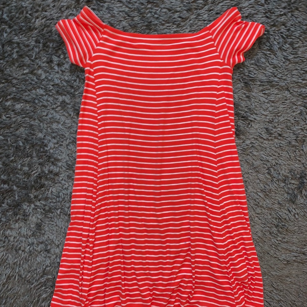 Orange and white striped off the should dress